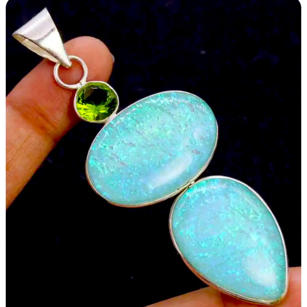 Opal Triplet Glitter Created, Green Peridot Silver Handmade Boho 2.8” Pendant